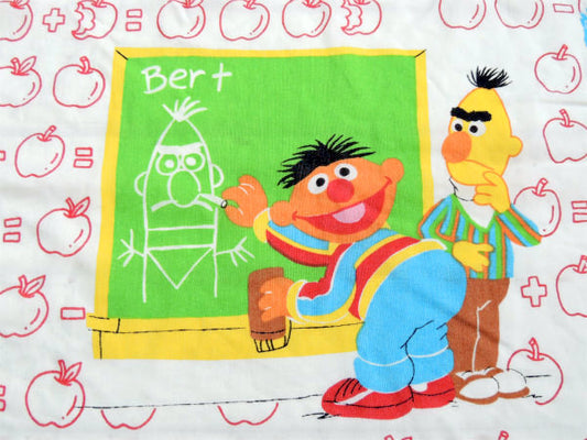 【セサミストリートの仲間たち】スクール&りんご柄・ヴィンテージ・ユーズドシーツ(ボックスタイプ)