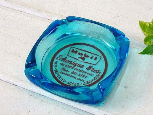 【Mobil】モービル・ブルーのガラス製・ヴィンテージ・灰皿/アシュトレイ USA