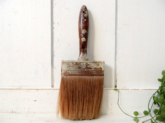 【ペンキの付いた木製ハンドル】ヴィンテージ・ペイントブラシ・ブラシ・刷毛・シャビー