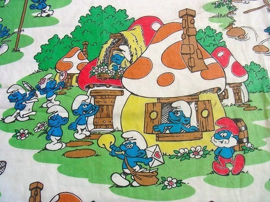【スマーフ】SMURF・グリーンビレッジ柄・ヴィンテージ・ユーズドシーツ(ボックスタイプ)USA