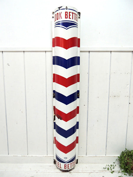 BARBER SHOP 1930~ OLD サインポール・アンティーク・ホーロー看板・USA・床屋・店舗什器 アメリカンビンテージ