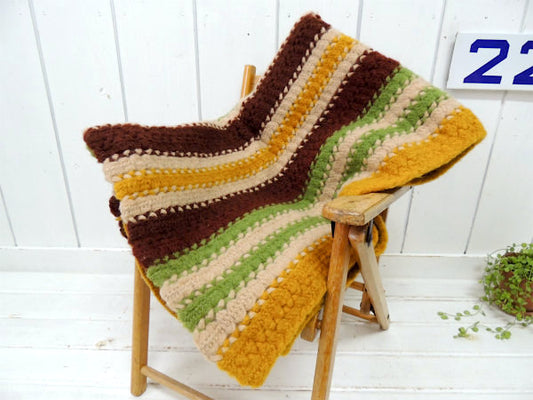 USA!レトロな配色のボーダー柄・ヴィンテージ・ニットブランケット/ひざ掛け