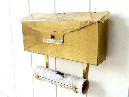 【ゴールド・新聞受け付き】横型・ヴィンテージ・メールボックス・郵便受け・ポスト・ミッドセンチュリー