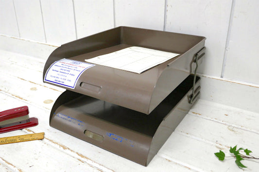 インダストリアル・工業系・メタル製・2段・ヴィンテージ・書類ラック・デスクトレイ・ミッドセンチュリー