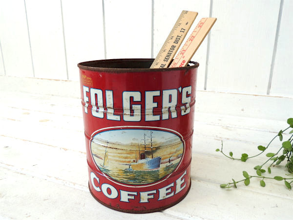【フォルジャーズ・1959】赤色・ブリキ製・ヴィンテージ・コーヒー缶/ティン缶/USA/ジャンク