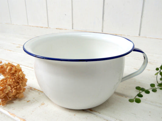 ホワイト×ブルー・ホーロー製・ハンドル付き・ヴィンテージ・ボウル・ワンハンドルボウル・琺瑯ボウル・大