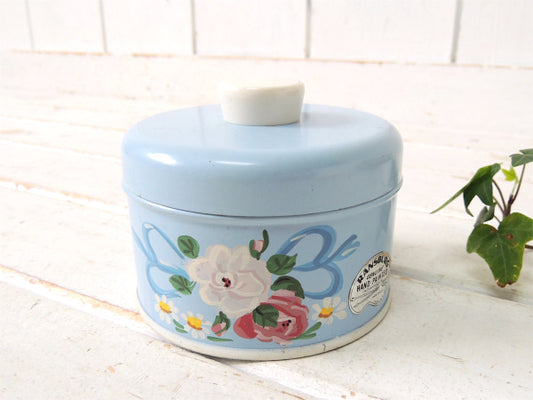 【ランズバーグ社】パウダーブルー・ハンドペイント・花柄・アンティーク・キャニスター缶・小物入れ