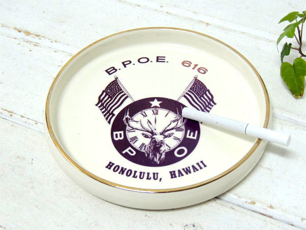 【ハワイ・ホノルル】エルクスロッジ・第616号・アドバタイジング・ビンテージ・灰皿・陶器製・星条旗