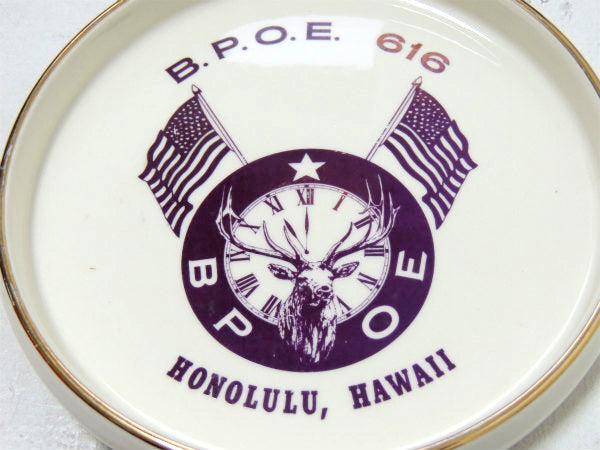 【ハワイ・ホノルル】エルクスロッジ・第616号・アドバタイジング・ビンテージ・灰皿・陶器製・星条旗
