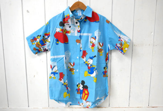 ミッキー&フレンズ ハンドメイド ヴィンテージ アロハシャツ シャツ リメイク USA キャラクター 古着