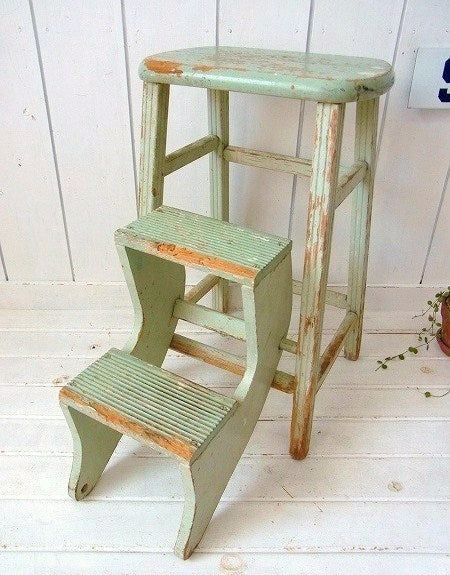 アンティーク・ミントグリーン色・木製・脚立・ステップツール/ラダー/椅子/USA