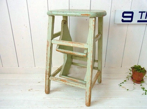 アンティーク・ミントグリーン色・木製・脚立・ステップツール/ラダー/椅子/USA
