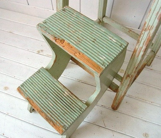 アンティーク・ミントグリーン色・木製・脚立・ステップツール/ラダー/椅子/USA