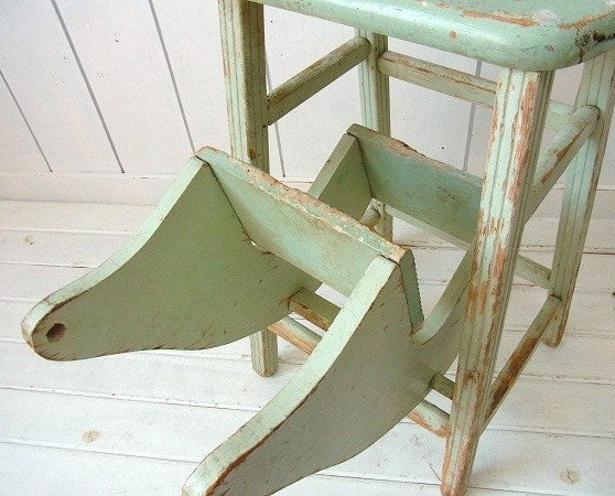 アンティーク・ミントグリーン色・木製・脚立・ステップツール/ラダー/椅子/USA