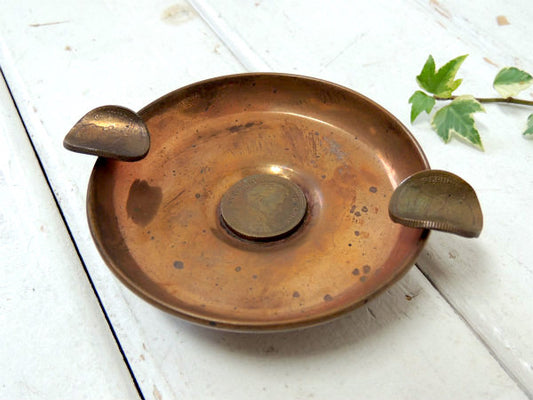 チリ共和国・REPLBLICA DE CHILE・コイン付・銅製・ヴィンテージ・灰皿・アシュトレイ