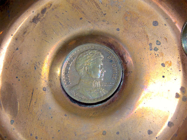 チリ共和国・REPLBLICA DE CHILE・コイン付・銅製・ヴィンテージ・灰皿・アシュトレイ