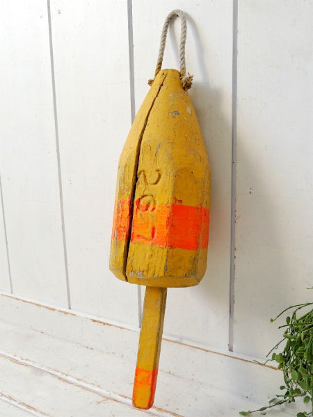 マリン・ナンバー入り・イエロー・木製・ヴィンテージ・ロブスター・ブイ・トラップ・浮き・インテリア