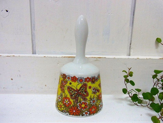 陶器製・蝶々&花柄・デッドストック・ヴィンテージ・ベル/呼び鈴(イエロー)