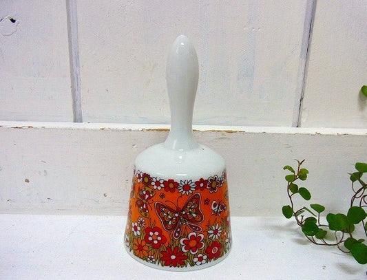 陶器製・蝶々&花柄・デッドストック・ヴィンテージ・ベル/呼び鈴(オレンジ)