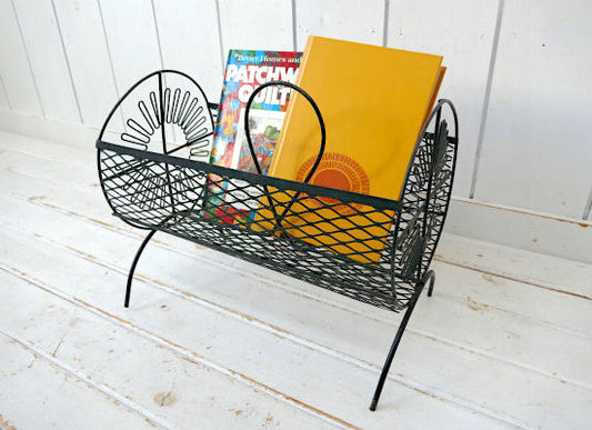 ミッドセンチュリー・アトミックデザイン・ブラック・ヴィンテージ・マガジンラック・ワイヤーラック