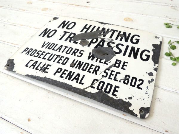 【NO HUNTING/弾痕付き/CALIF】ヴィンテージ・スチール製サイン/レア看板/USA