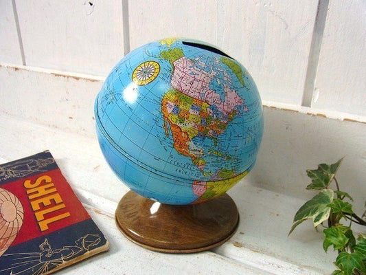 【オハイオアート社】地球儀型・ティン製・ヴィンテージ・コインバンク/貯金箱 USA