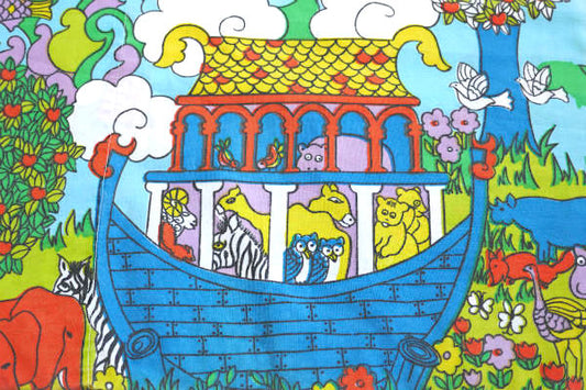 ノアの方舟・カラフル・動物&お花&レインボー柄・ヴィンテージ・ピロケース・枕カバー・リメイク USA