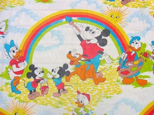 【ミッキー&フレンズ】ディズニー・レインボー柄・ヴィンテージ・ユーズドシーツ(ボックスタイプ)