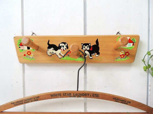 フランス・犬&ネコ柄・木製・ヴィンテージ・ウォールフック/壁掛けフック