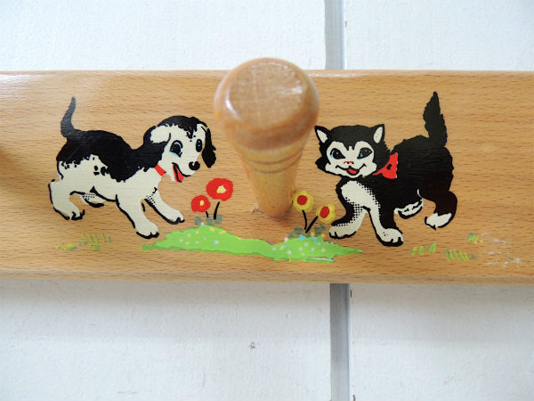 フランス・犬&ネコ柄・木製・ヴィンテージ・ウォールフック/壁掛けフック