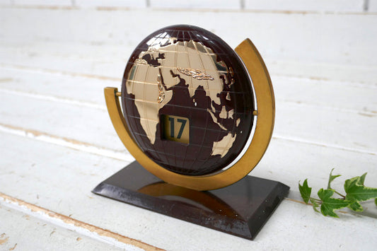 1952s 世界地図 地球儀 ブラウン×ゴールド 回転式 ヴィンテージ デスクカレンダー 卓上 US
