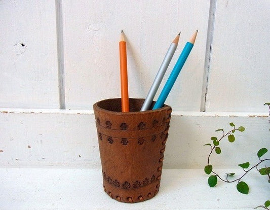 レザー製・型押し・ヴィンテージ・ペンスタンド/ペン立て USA