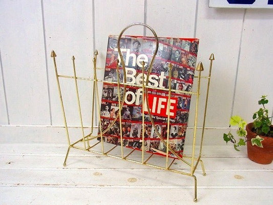 USA!ゴールド色のメタル製・ヴィンテージ・マガジンラック/マガジンスタンド