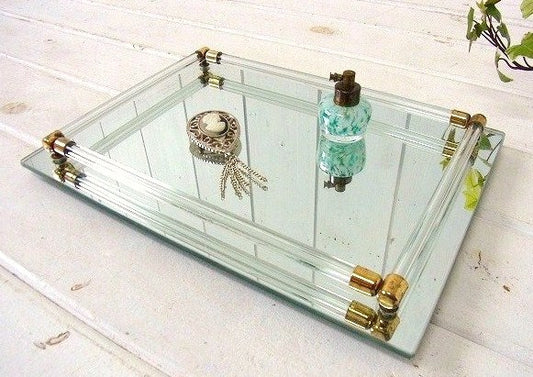 ガラス枠が素敵な脚付きアンティーク・ミラートレイ/鏡/ジュエリートレイ(小) USA