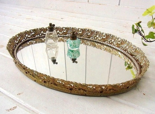 オーバル型・フラワーモチーフ・アンティーク・ミラートレイ/鏡 USA