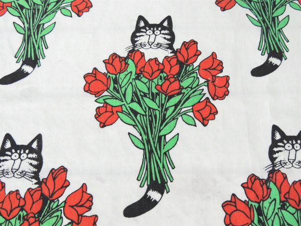 【クリバンキャット&バラの花束】Kliban Cat・ヴィンテージ・ユーズドシーツ(1/2) USA