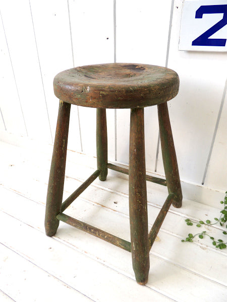 グリーン・丸椅子 シャビーな 木製 イス・アンティーク・スツール・チェア カリフォルニア
