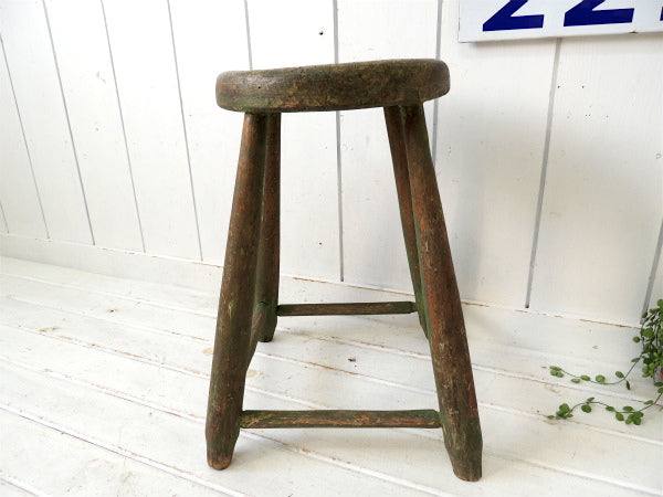 グリーン・丸椅子 シャビーな 木製 イス・アンティーク・スツール・チェア カリフォルニア