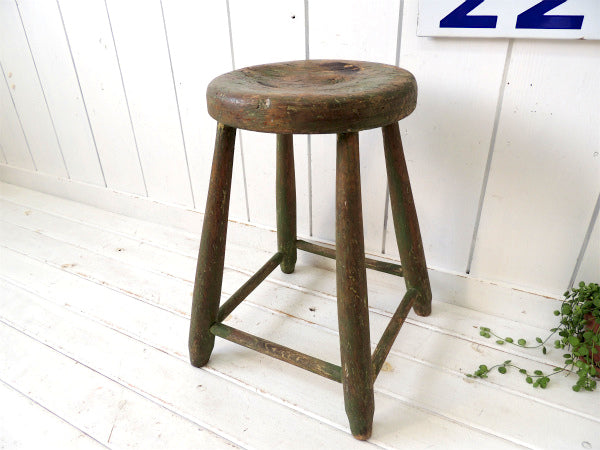 グリーン・丸椅子 シャビーな 木製 イス・アンティーク・スツール・チェア カリフォルニア