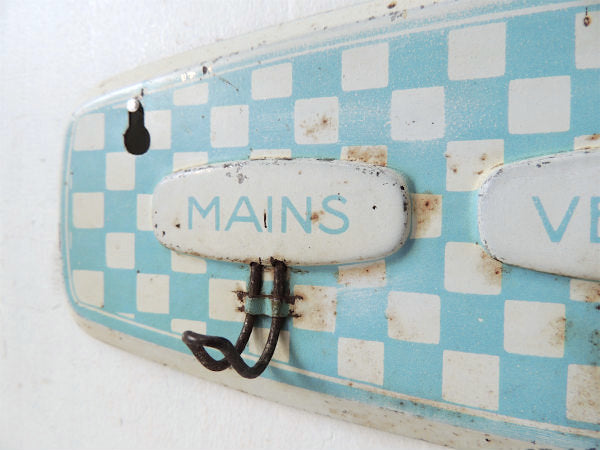 ブロカント・フランス・水色×白色 チェッカー・アンティーク・4連・キッチンクロス フック 布巾掛け