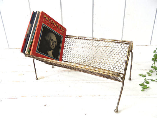 【ミッドセンチュリー】ゴールド色・ヴィンテージ・ワイヤー製・レコードラック♪