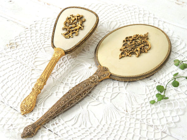 天使と薔薇モチーフ・ゴールド色・アンティーク・ハンドミラー/手鏡 USA