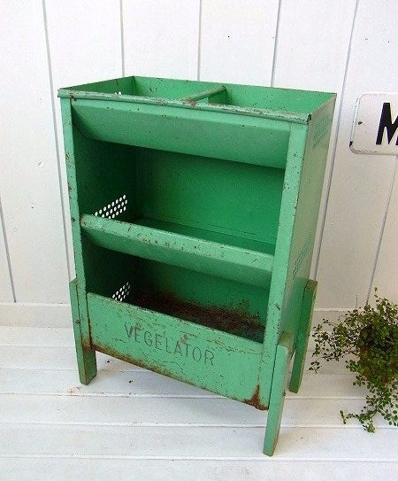 【VEGELATOR】若草色・ティン製・アンティーク・3段ベジタブルラック/シェルフ USA