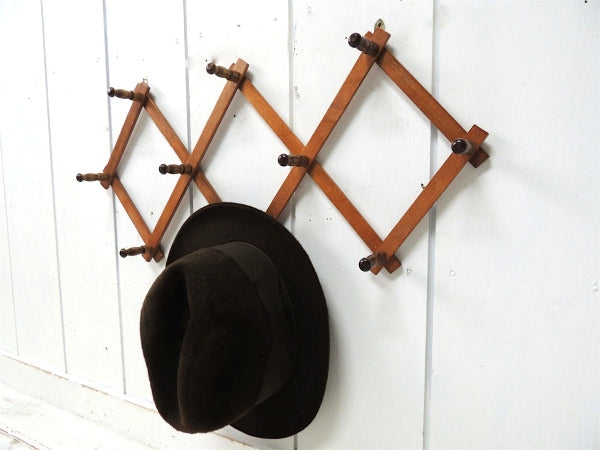 木製・ジャバラ式・壁掛けヴィンテージ・ハットラック/コートフック USA