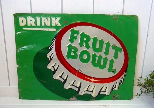 【DRINK FRUIT BOWL】ブリキ製・アドバタイジング・ヴィンテージ・サイン/看板 USA