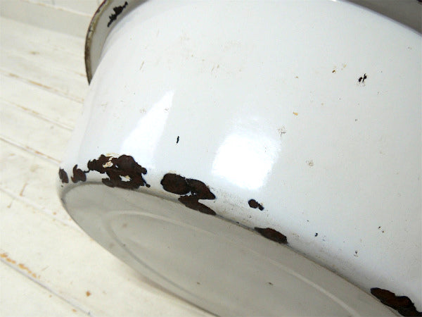 【ホワイト&レッド】シャビーなアンティーク・ホーロータブ・ウォッシュタブ・タライ・USA