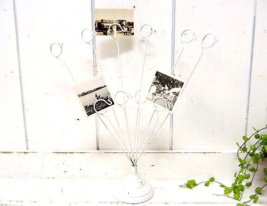 ホワイト×シャビーなメタル製 ヴィンテージ・ワイヤーカードホルダー・フォトスタンド・USA