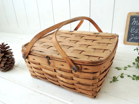 USA・木製・アンティーク・ピクニックバスケット/ウッドバスケット
