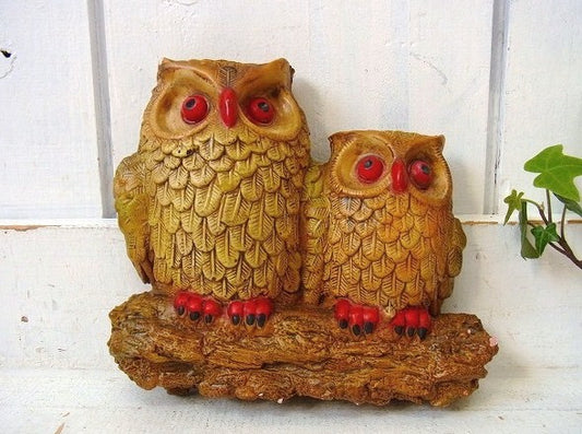 フクロウ親子・セラミック製・ヴィンテージ・壁飾り/ウォールデコ