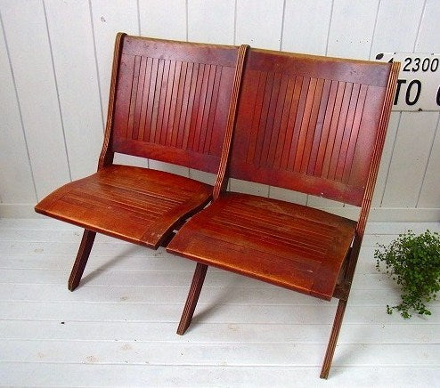 2人掛け・木製 アンティーク・ダブル ベンチ 折り畳み椅子 ラブチェア USA